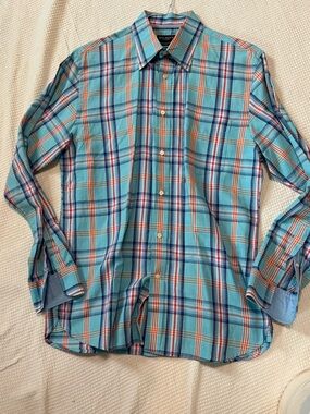 Hackett London  Blue Plaid Men's Button-Up Shirt Italian linen cotton